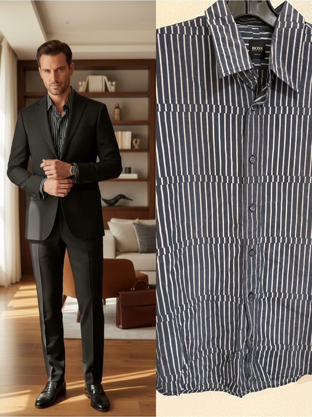BOSS Hugo Boss Slim Fit Silk Blend Blue Stripe Button Shirt Men’s Medium